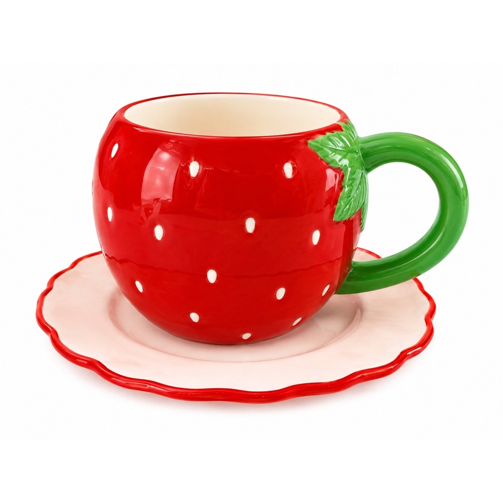 Ceramic Strawberry Tea Cup and Saucer Set Red Fruit Shaped Mug Cottagecore Decor